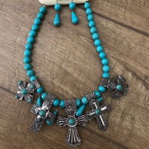 Faux Turquoise across Necklace with matching tear drop earrings
